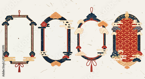 Set of Oriental Decorative Frames with Traditional Asian Cloud Motifs and Patterns