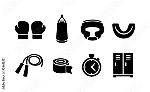 Boxing equipment: boxing gloves, punching bag, headgear, mouthguard, jump rope, hand wrap, stopwatch, gym locker
