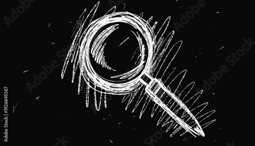 A hand-drawn magnifying glass icon in a minimalist style on a black background