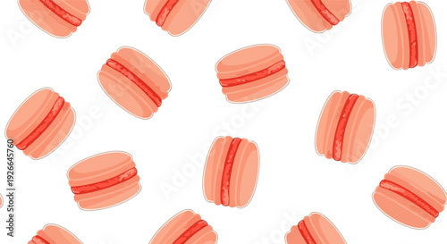 Seamless pattern with scattered pink macarons on white background. Created in flat cartoon style with pastel peach and red colors.