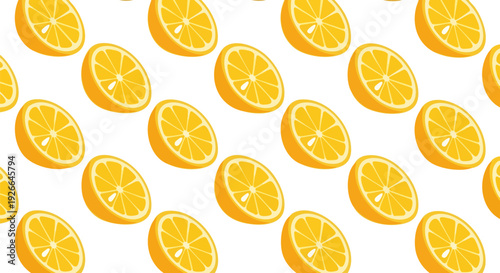 Lemon slice seamless pattern. Includes citrus fruit, half-cut lemons, and orange segments. Created in flat graphic style with yellow and white color palette.