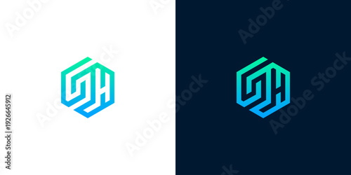 Geometric abstract hexagon logo design with gradient blue and green colors, modern and sleek branding element