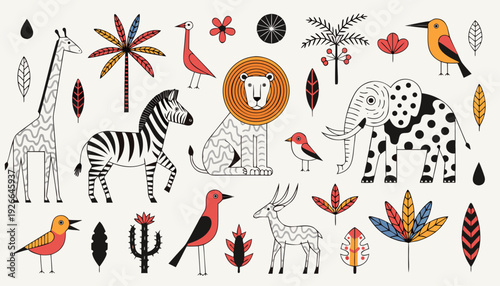 Very beautiful hand drawn doodle African safari set featuring savanna animals like giraffe, zebra, lion, and elephant in playful naive style.
