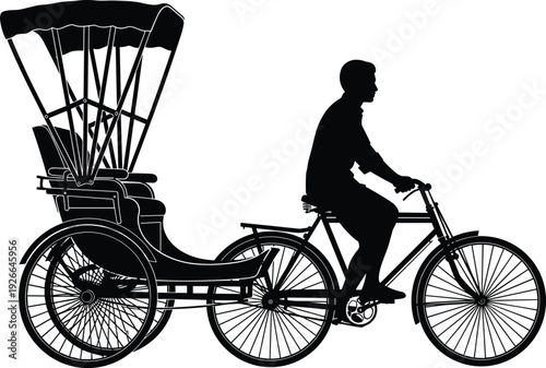 Traditional Rickshaw Silhouette Vector with Cycle Driver, Asian Transportation Culture, Pedicab Icon for Travel Design, Bangladeshi and Indian Street Taxi Transport.
