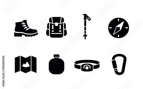 Hiking equipment: hiking boots, backpack, trekking pole, compass, map, canteen, headlamp, carabiner