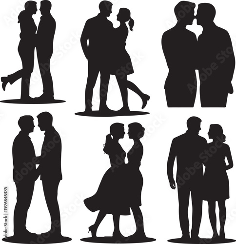 couples in love standing and kissing each other in various romantic poses