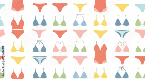 Swimsuit and bikini seamless pattern. Includes one-piece swimsuits, bikini tops, and bikini bottoms in various styles. Created in flat graphic style with pastel color palette.