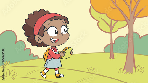 Happy girl in the park.
Colorful cartoon-style illustration of a girl with curly hair holding a loaf of bread, smiling happily, with a sunny park in the background.
