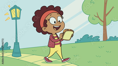 Happy girl in the park.
Colorful cartoon-style illustration of a girl with curly hair holding a loaf of bread, smiling happily, with a sunny park in the background.