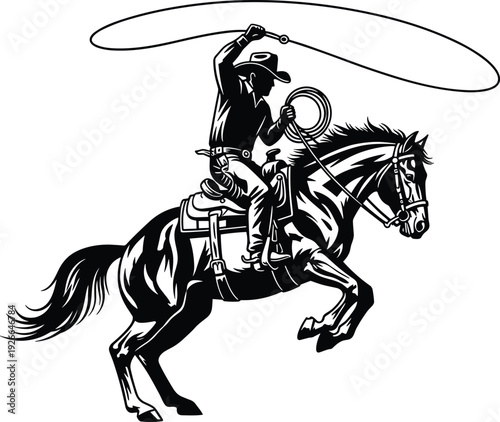 Black and white vector illustration of a cowboy riding a bucking horse while throwing a lasso rope for western rodeo.