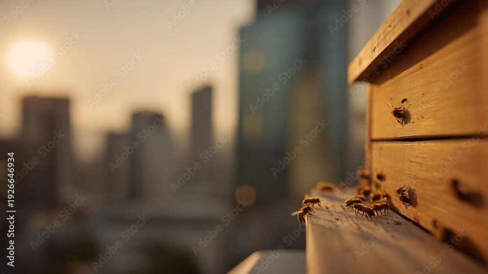 Naklejka premium Close-up of honeybees on a minimalist wooden beehive located on a rooftop with a blurred city skyline at sunset.