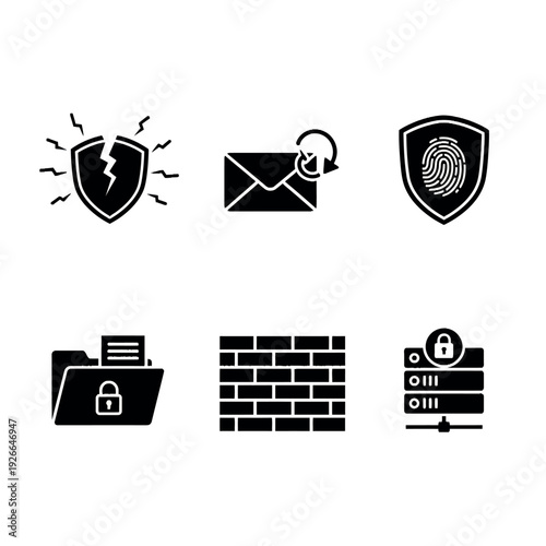 Set of six black and white flat design icons depicting cybersecurity and data protection concepts on a plain white background.