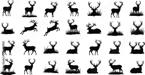Black deer silhouette collection, various standing jumping and sitting buck poses, wild forest animal vector set for nature wildlife logo, (20 words)