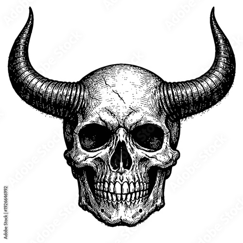 Vintage Engraved Demonic Skull with Horns - A Striking Black and White Illustration of Macabre Occult Art, Perfect for Gothic Designs, Dark Fantasy Themes, and Horror Enthusiasts Seeking Detailed, Mys