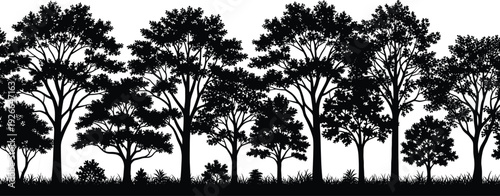 Black forest tree line silhouette collection, panoramic woodland landscape vector for nature background, outdoor wild park timber and grass design, (20 words)