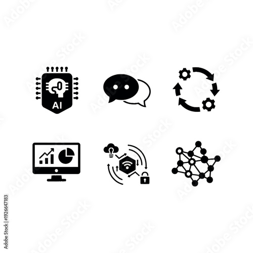 Collection of six black icons depicting technology and communication concepts on a white background.