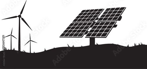 Solar panel and wind turbines on a grassy hill renewable energy