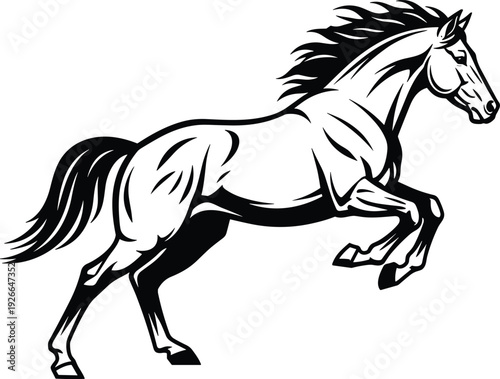 Running horse vector illustration, jumping stallion silhouette for equestrian logo, black and white wild mustang mascot for ranching sports design, (20 words)