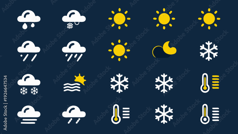 Obraz premium Various weather icons displayed in a grid on a dark blue background