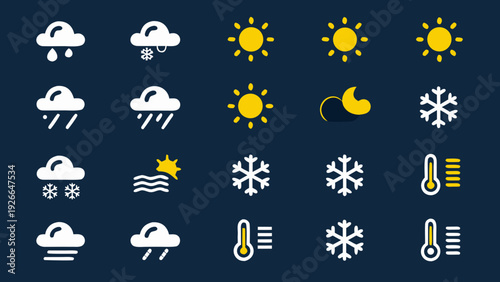 Various weather icons displayed in a grid on a dark blue background