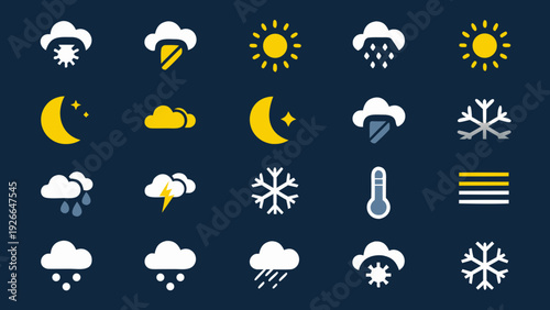 Collection of flat design weather icons against a dark blue background