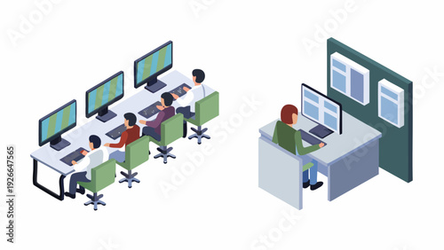 Isometric illustration of an office space with people working at computers