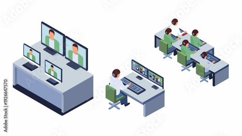 Isometric illustration depicting a modern control room with multiple workstations
