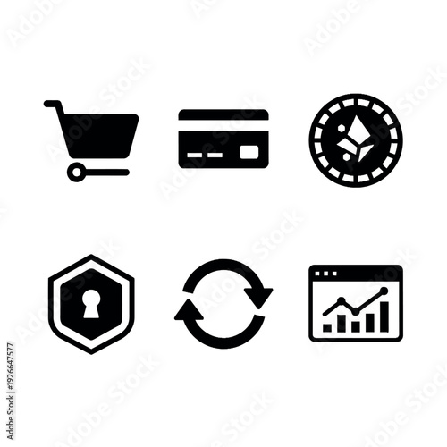 Collection of six black and white ecommerce and business icons on a white background with a minimalist style.