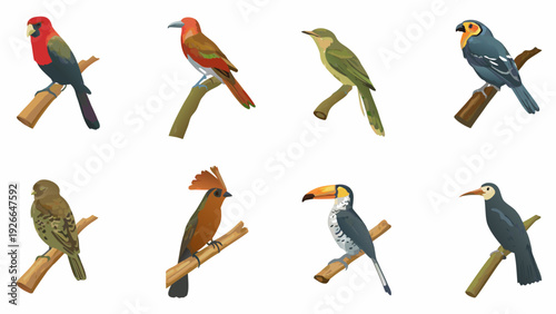 A collection of brightly colored tropical birds perched on branches