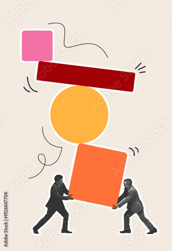 Halftone business people balancing unstable stacked geometric shapes concept illustration