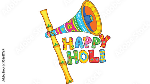 Vibrant party horn illustration with colorful 'HAPPY HOLI' text, symbolizing joyful celebrations and festive atmosphere