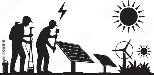 Solar panel installation with workers and renewable energy symbols
