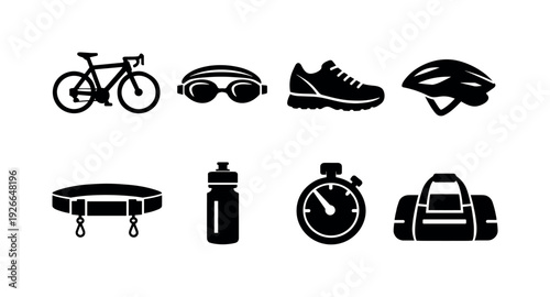 Triathlon equipment: road bicycle, swim goggles, running shoe, helmet, race number belt, water bottle, stopwatch, sports bag