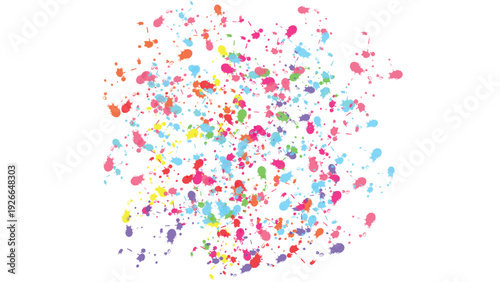 Colorful splatters and fragments bursting in a dynamic, abstract scene from a front viewpoint, capturing a vibrant, celebratory atmosphere.