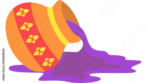 Vibrant liquid pouring from an ornate container onto a surface in a graphic illustration from a tilted viewpoint