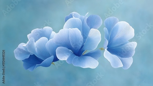 Sophisticated minimalist artwork depicting three large softly contoured flowers  Subtle shadows define their forms against a seamless deep blue expanse creating an elegant