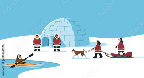 Illustration of Inuit people engaging in traditional activities near an igloo with a dog sled and kayak in a snowy Arctic landscape with icy blue tones.