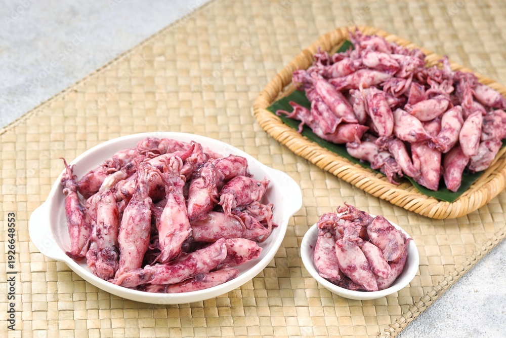 Obraz premium Cumi asin (Indonesian salted squid), a traditional preserved seafood ingredient commonly used in Indonesian cuisine. 