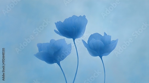 Sophisticated  ic minimalist composition three abstract floral shapes defined by faint contours and subtle shadows on a monochromatic blue field conveying elegance and simplicity