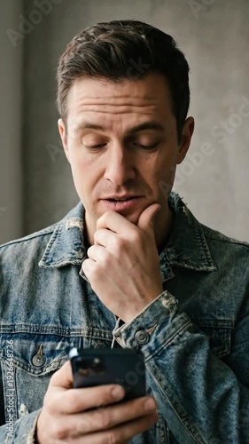 Man looking worried while checking phone with hand on chin
