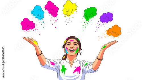 A joyful woman with colorful powder thrown in the air, celebrating a vibrant festival, surrounded by dynamic splashes, vector illustration, 53.svg reference