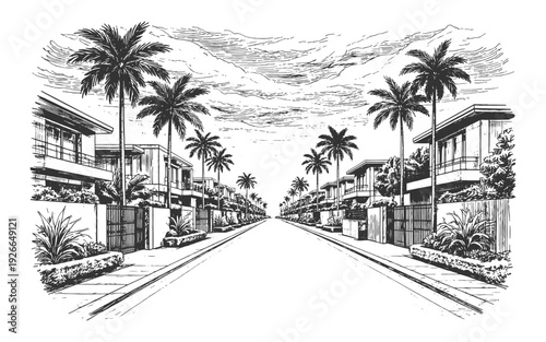 Luxury Tropical Residential Street Lined with Palm Trees and Modern Villas, Vintage Engraving Style Vector Illustration of an Upscale Neighborhood.