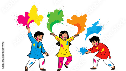 Children Celebrating Holi Festival with Colorful Powder in Vibrant Outfits