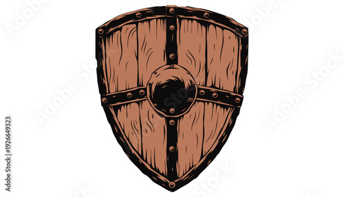 A vintage-style vector illustration of a wooden shield with metallic accents, depicted from a straightforward viewpoint.
