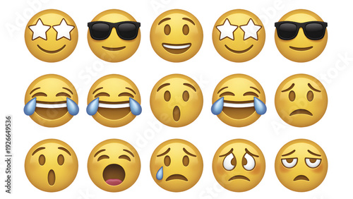 Yellow Emojis with Various Emotions on White Background