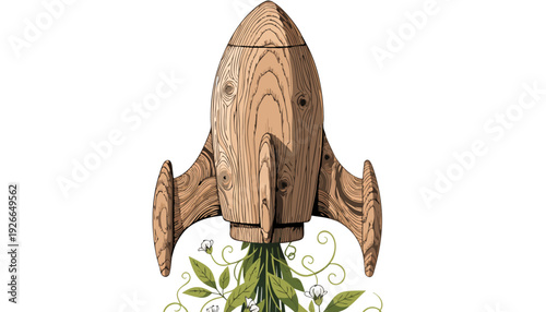 Eco-friendly wooden rocket illustration with leaves and swirls, symbolizing sustainable space exploration from a front viewpoint