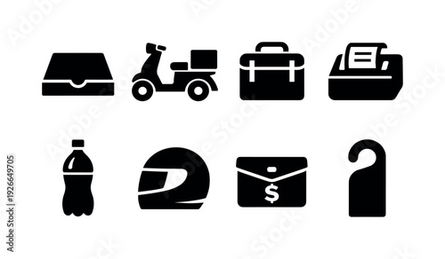 Pizza delivery items: pizza box, delivery scooter, insulated bag, receipt printer, soda bottle, helmet, cash pouch, door hanger