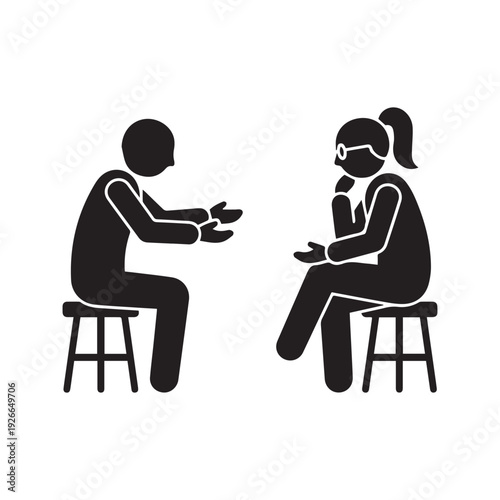 Two People Talking Interview Therapy Counseling Session Silhouette Vector Icon
