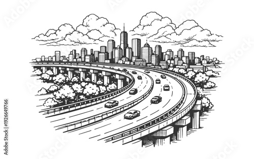 Curving Highway Overpass Leading to a Modern City Skyline with Clouds, Detailed Woodcut Style Vector Illustration of Urban Infrastructure.