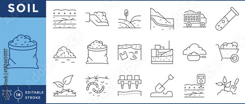 Soil related 18 line icons set. Vector editable stroke.